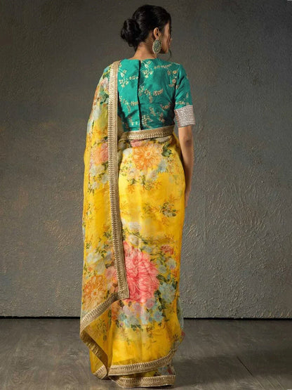 Tulsi Art Sabyasachi Yellow Floral Organza Wedding Wear Saree With Blouse