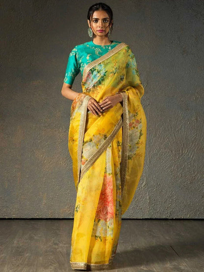 Tulsi Art Sabyasachi Yellow Floral Organza Wedding Wear Saree With Blouse
