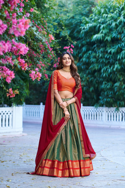 Lorenvalley Fashion Mehendi Kanchipuram Zari Weaving Work Lehenga Choli with Dupatta