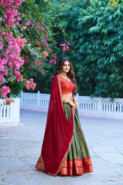 Lorenvalley Fashion Mehendi Kanchipuram Zari Weaving Work Lehenga Choli with Dupatta