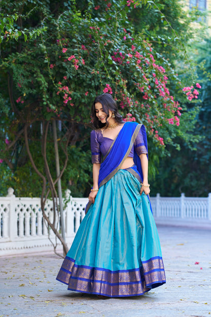 Lorenvalley Fashion Blue Kanchipuram Zari Weaving Work Lehenga Choli with Dupatta
