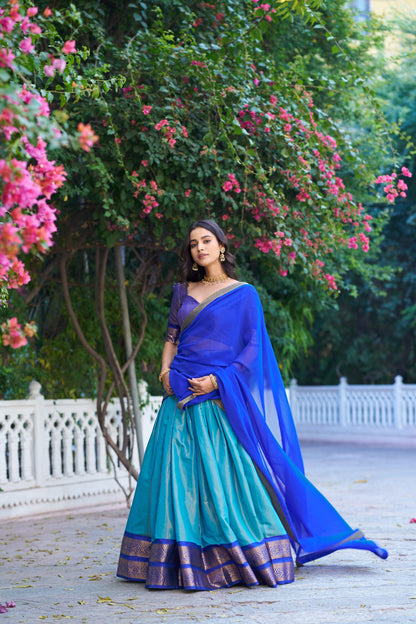 Lorenvalley Fashion Blue Kanchipuram Zari Weaving Work Lehenga Choli with Dupatta