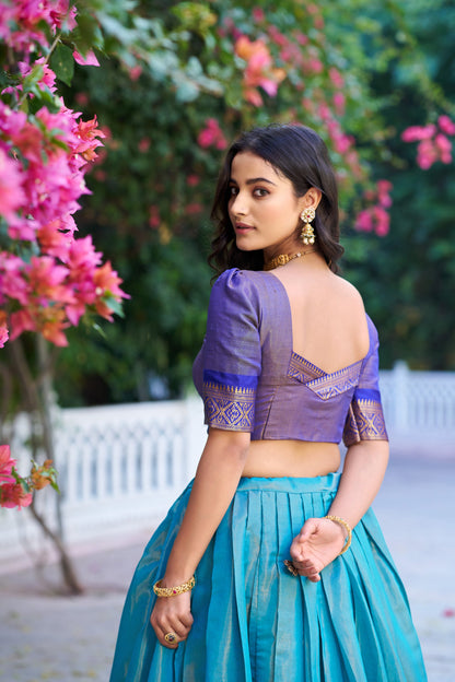 Lorenvalley Fashion Blue Kanchipuram Zari Weaving Work Lehenga Choli with Dupatta