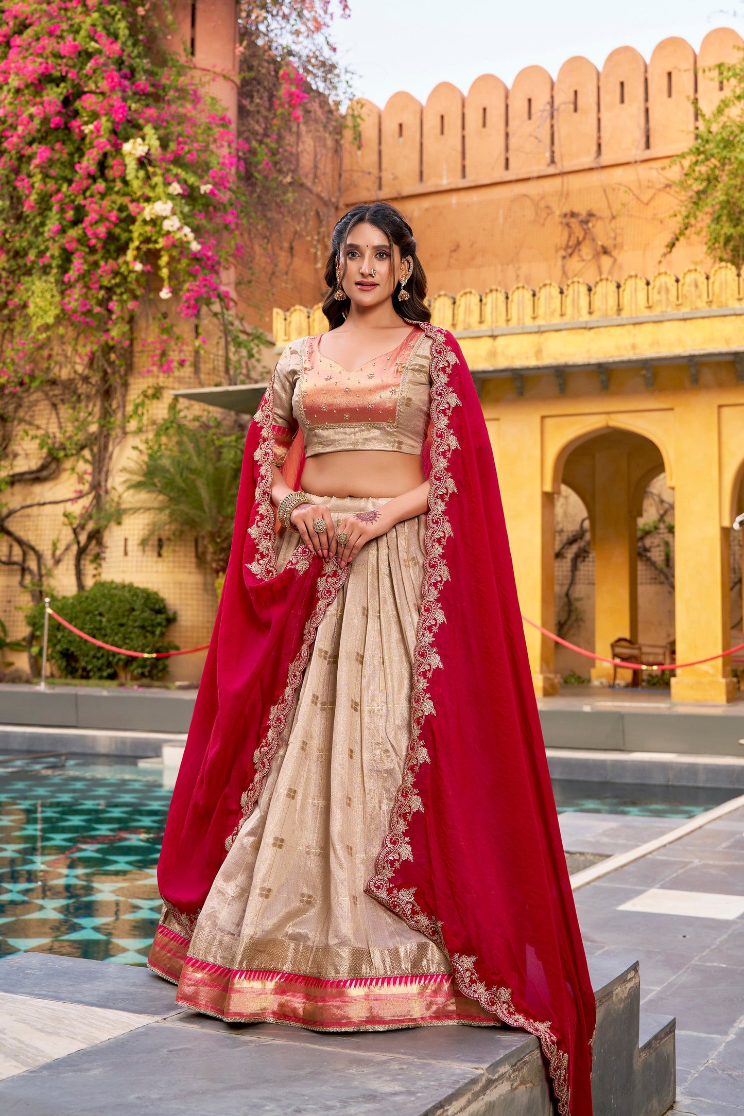 Lorenvalley Fashion Cream Slub Kota Zari Weaving Work with Paithani (Jacquard) Border Lehenga Choli with Dupatta