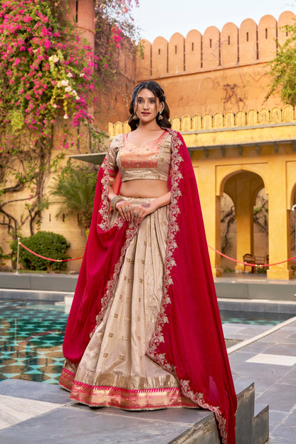 Lorenvalley Fashion Cream Slub Kota Zari Weaving Work with Paithani (Jacquard) Border Lehenga Choli with Dupatta