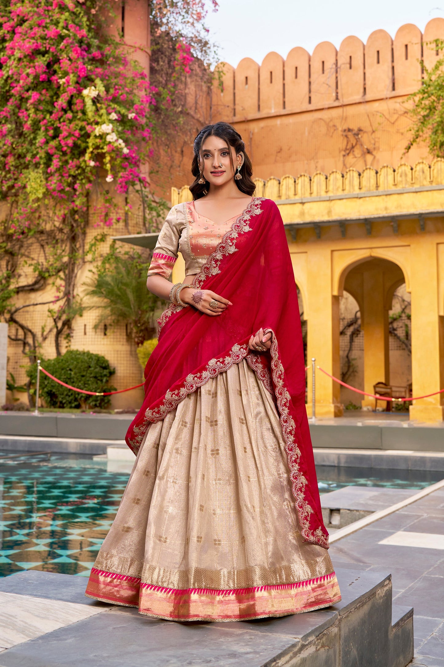 Lorenvalley Fashion Cream Slub Kota Zari Weaving Work with Paithani (Jacquard) Border Lehenga Choli with Dupatta