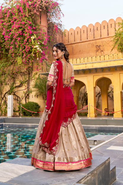 Lorenvalley Fashion Cream Slub Kota Zari Weaving Work with Paithani (Jacquard) Border Lehenga Choli with Dupatta