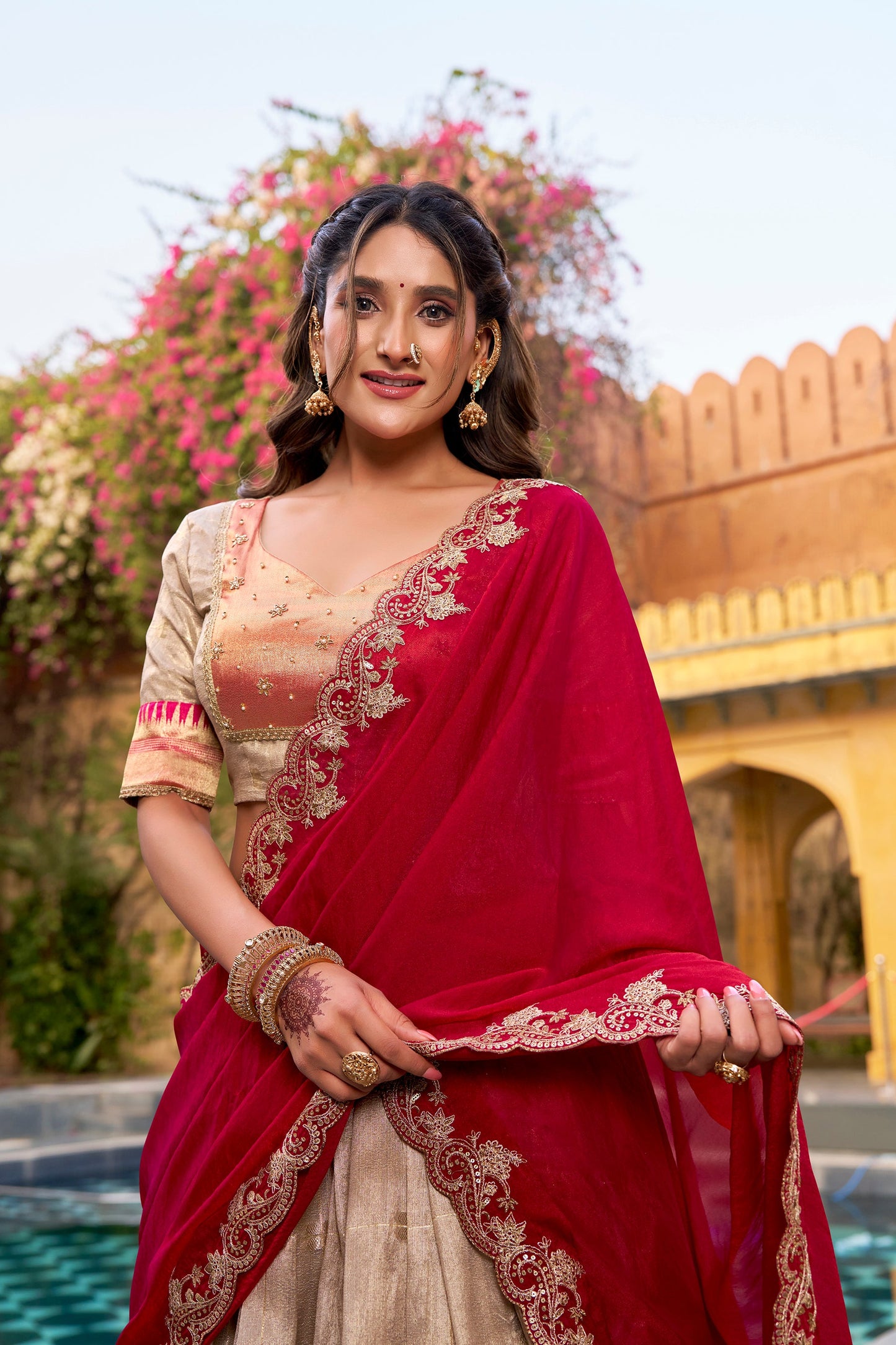 Lorenvalley Fashion Cream Slub Kota Zari Weaving Work with Paithani (Jacquard) Border Lehenga Choli with Dupatta