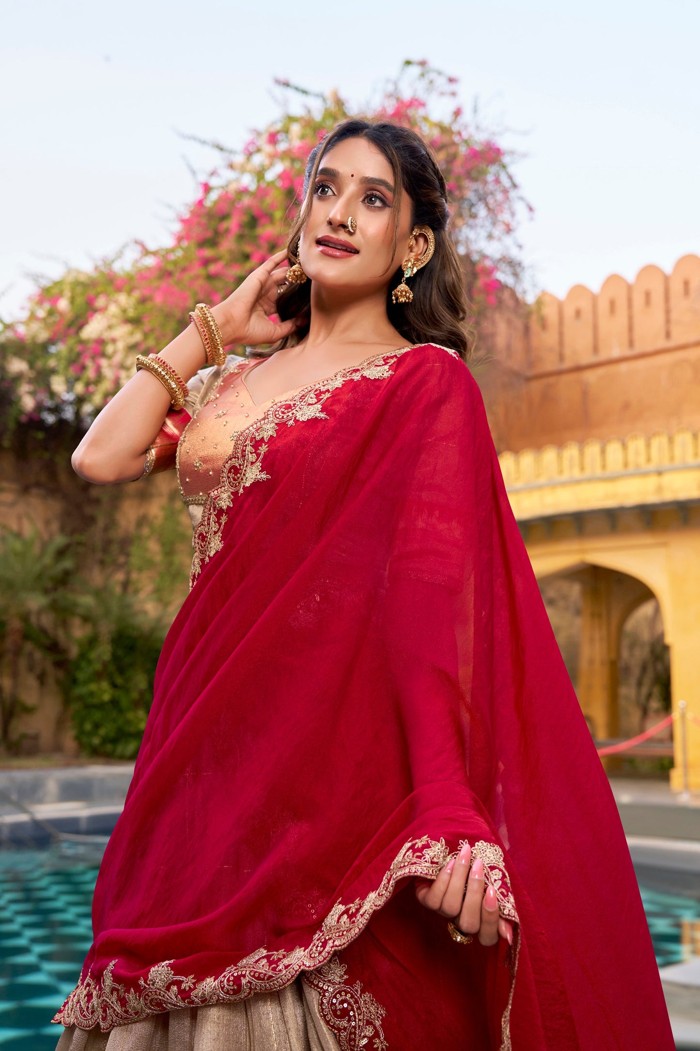 Lorenvalley Fashion Cream Slub Kota Zari Weaving Work with Paithani (Jacquard) Border Lehenga Choli with Dupatta