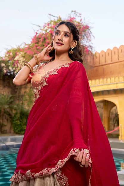 Lorenvalley Fashion Cream Slub Kota Zari Weaving Work with Paithani (Jacquard) Border Lehenga Choli with Dupatta