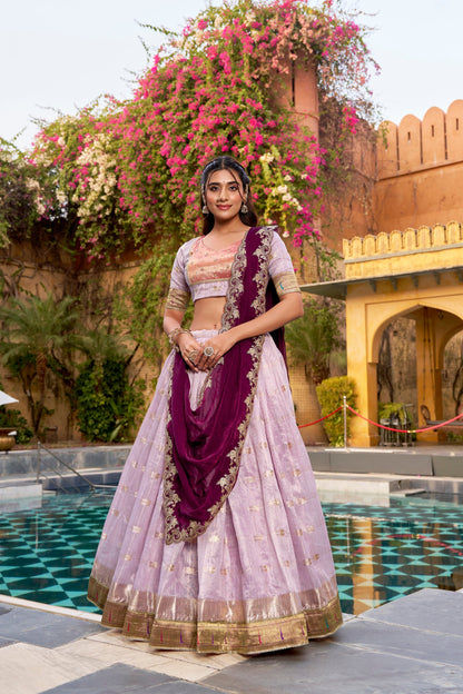 Lorenvalley Fashion Pink Slub Kota Zari Weaving Work with Paithani (Jacquard) Border Lehenga Choli with Dupatta