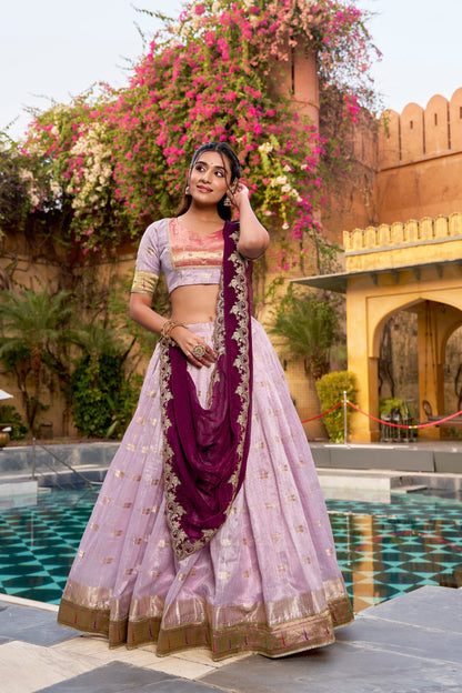 Lorenvalley Fashion Pink Slub Kota Zari Weaving Work with Paithani (Jacquard) Border Lehenga Choli with Dupatta