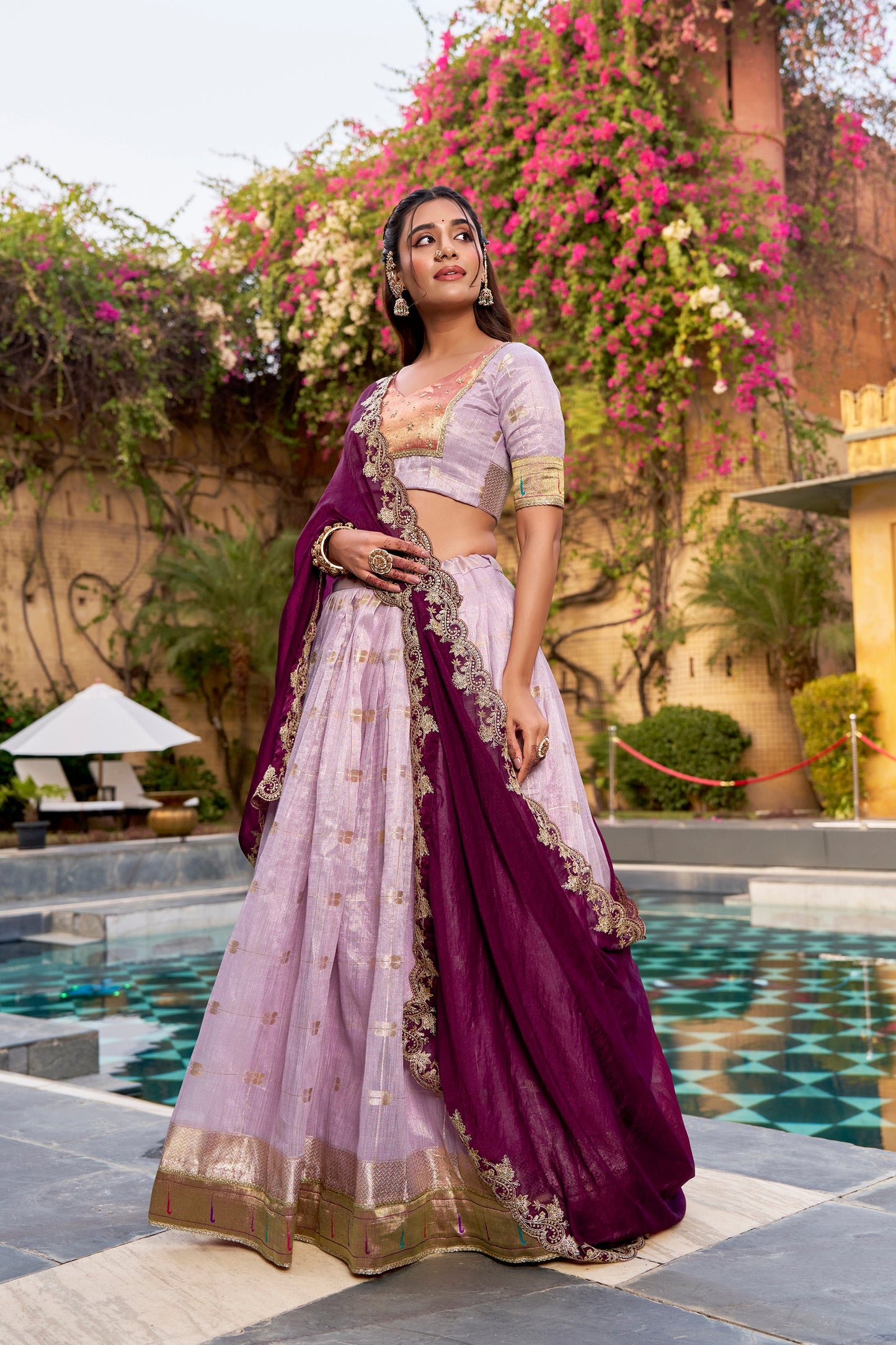 Lorenvalley Fashion Pink Slub Kota Zari Weaving Work with Paithani (Jacquard) Border Lehenga Choli with Dupatta