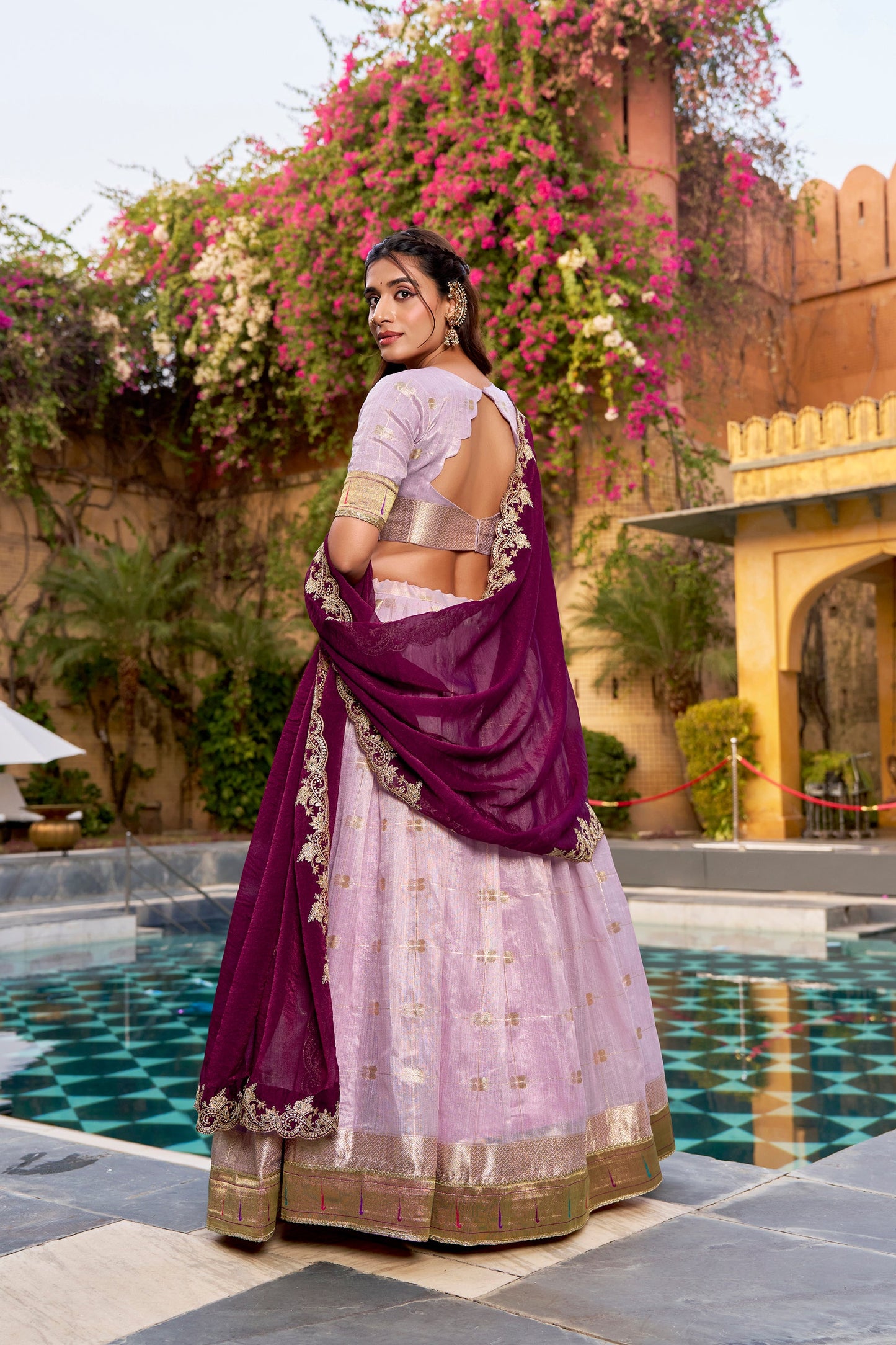 Lorenvalley Fashion Pink Slub Kota Zari Weaving Work with Paithani (Jacquard) Border Lehenga Choli with Dupatta