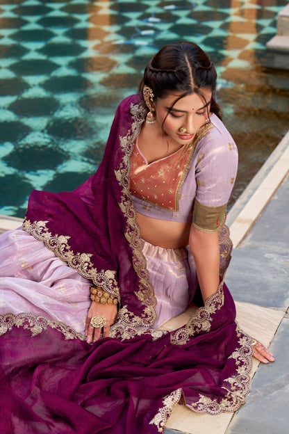 Lorenvalley Fashion Pink Slub Kota Zari Weaving Work with Paithani (Jacquard) Border Lehenga Choli with Dupatta