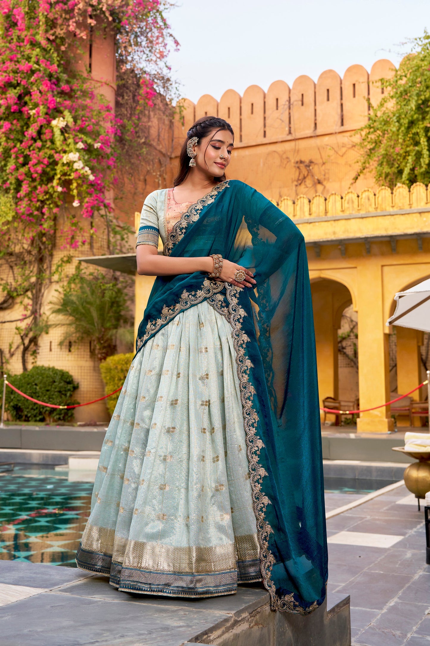 Lorenvalley Fashion Skyblue Slub Kota Zari Weaving Work with Paithani (Jacquard) Border Lehenga Choli with Dupatta