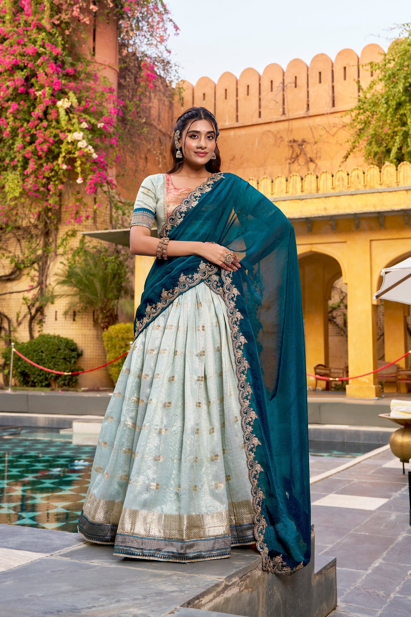 Lorenvalley Fashion Skyblue Slub Kota Zari Weaving Work with Paithani (Jacquard) Border Lehenga Choli with Dupatta