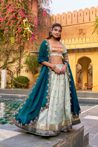 Lorenvalley Fashion Skyblue Slub Kota Zari Weaving Work with Paithani (Jacquard) Border Lehenga Choli with Dupatta