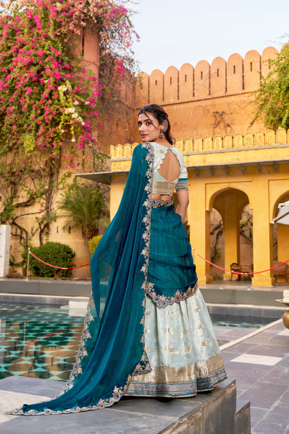 Lorenvalley Fashion Skyblue Slub Kota Zari Weaving Work with Paithani (Jacquard) Border Lehenga Choli with Dupatta