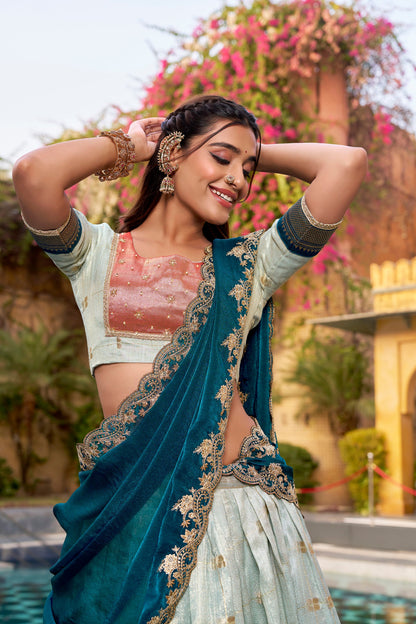 Lorenvalley Fashion Skyblue Slub Kota Zari Weaving Work with Paithani (Jacquard) Border Lehenga Choli with Dupatta