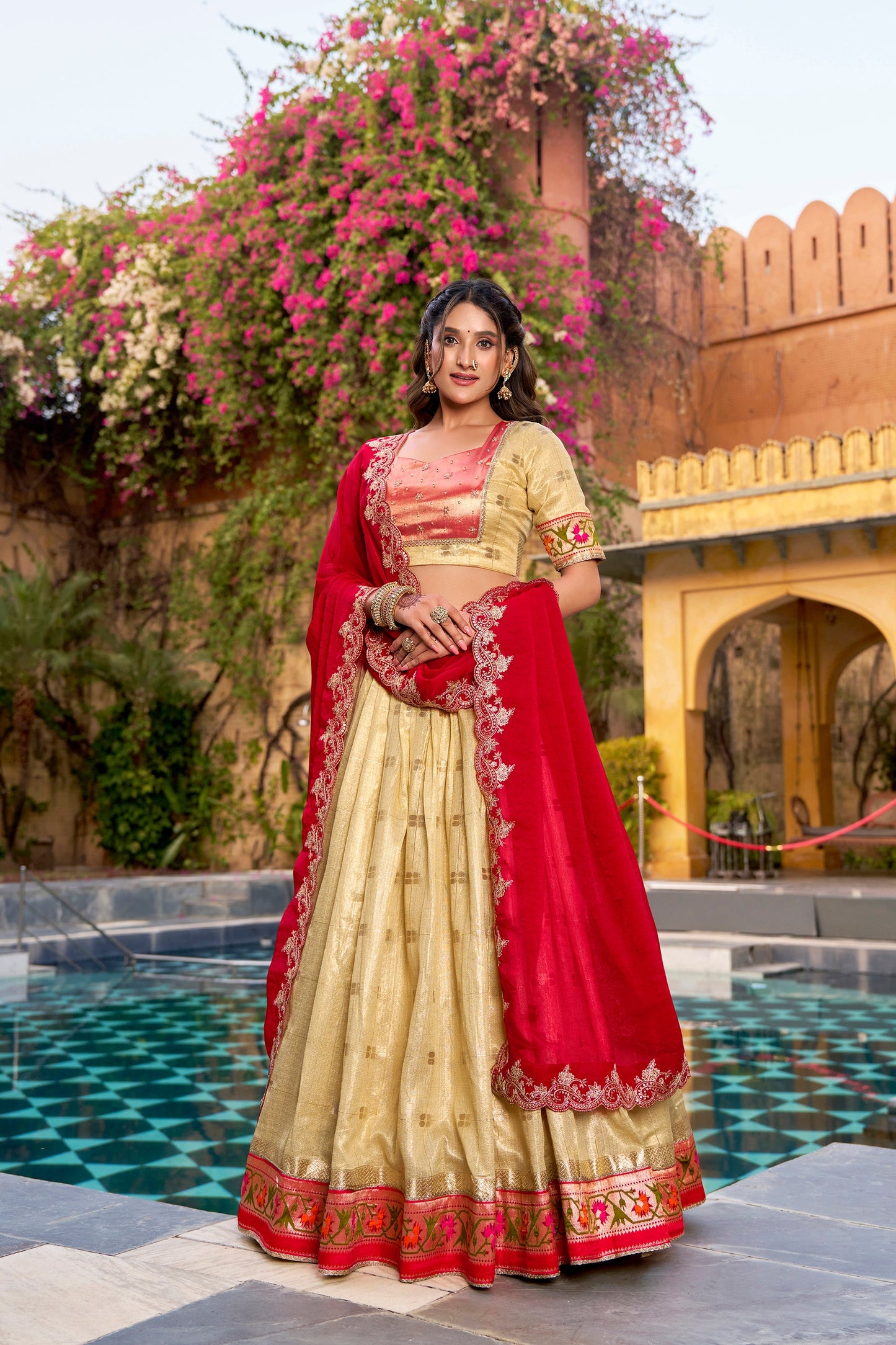 Lorenvalley Fashion Yellow Slub Kota Zari Weaving Work with Paithani (Jacquard) Border Lehenga Choli with Dupatta