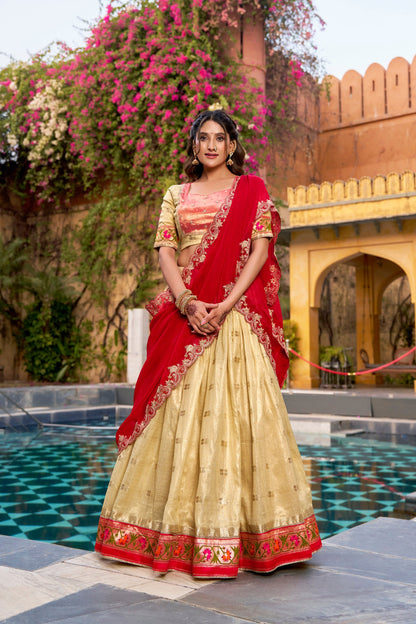 Lorenvalley Fashion Yellow Slub Kota Zari Weaving Work with Paithani (Jacquard) Border Lehenga Choli with Dupatta