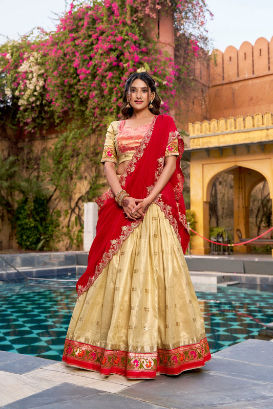 Lorenvalley Fashion Yellow Slub Kota Zari Weaving Work with Paithani (Jacquard) Border Lehenga Choli with Dupatta