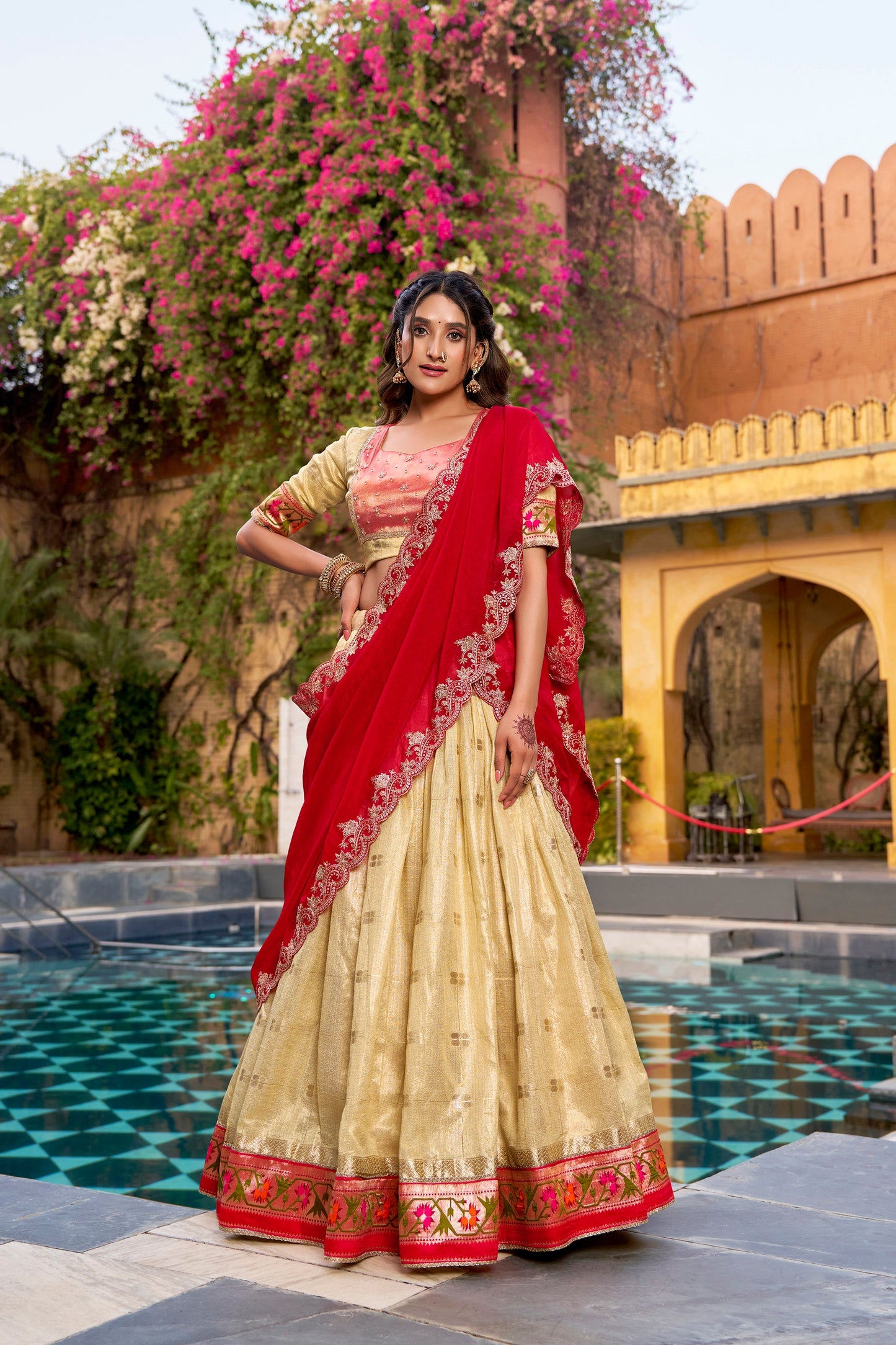 Lorenvalley Fashion Yellow Slub Kota Zari Weaving Work with Paithani (Jacquard) Border Lehenga Choli with Dupatta