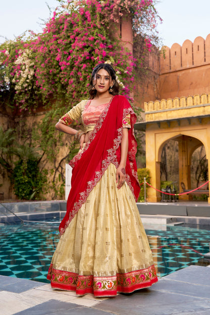 Lorenvalley Fashion Yellow Slub Kota Zari Weaving Work with Paithani (Jacquard) Border Lehenga Choli with Dupatta