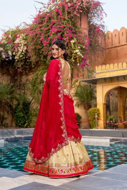 Lorenvalley Fashion Yellow Slub Kota Zari Weaving Work with Paithani (Jacquard) Border Lehenga Choli with Dupatta
