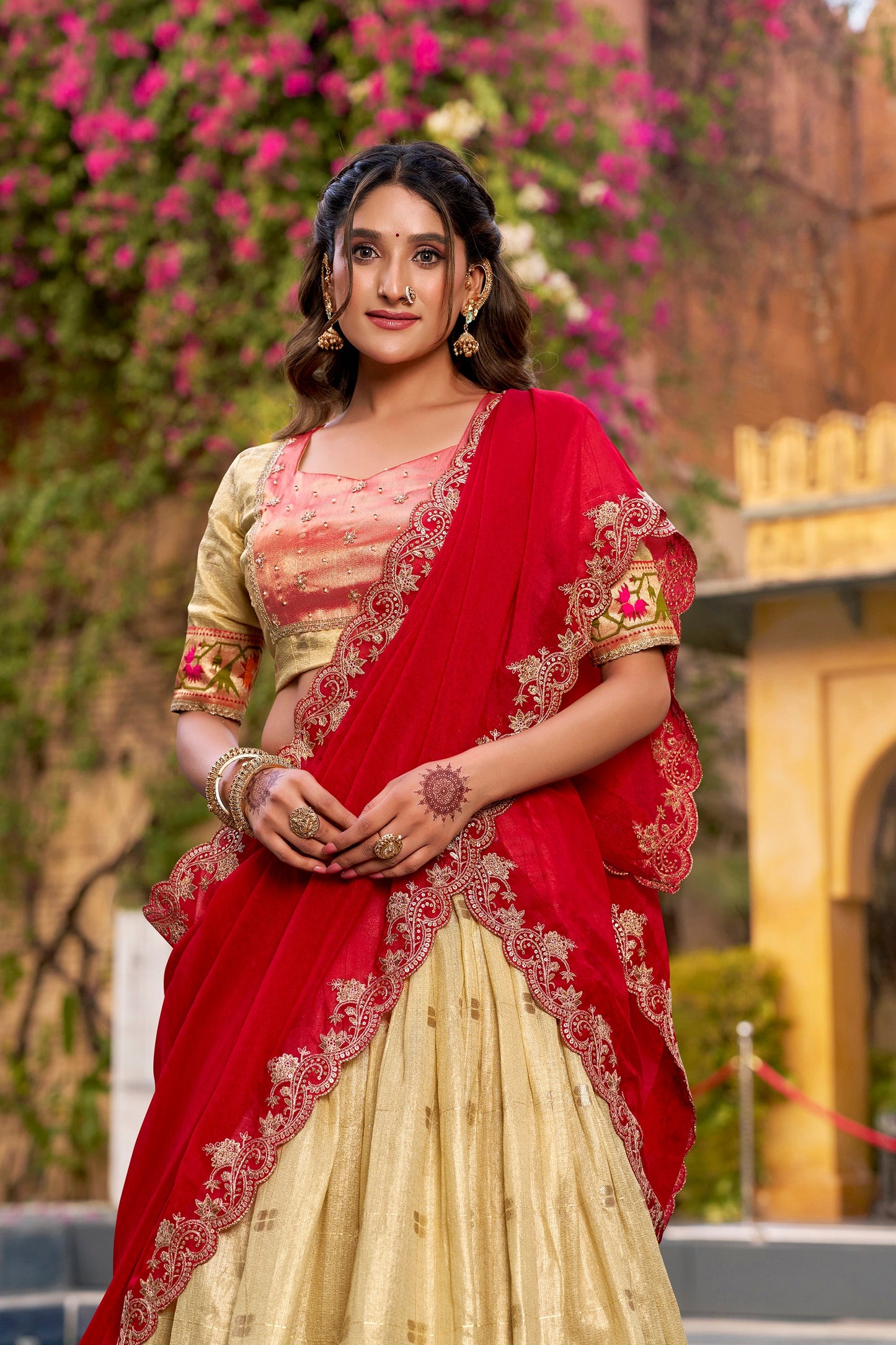 Lorenvalley Fashion Yellow Slub Kota Zari Weaving Work with Paithani (Jacquard) Border Lehenga Choli with Dupatta