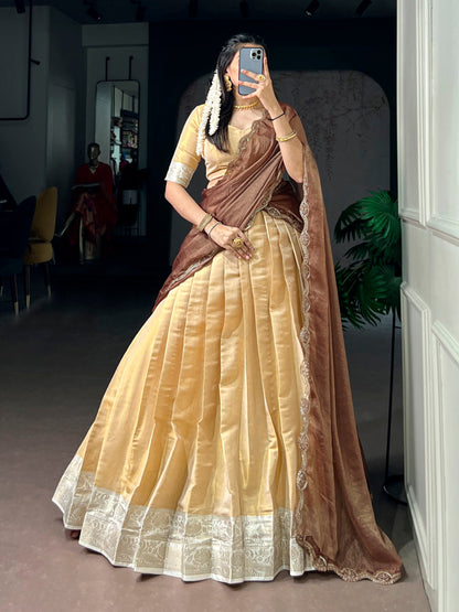 Lorenvalley Fashion Cream Kanchipuram Zari Weaving Work Lehenga Choli with Dupatta