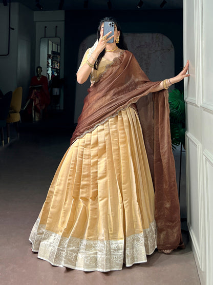 Lorenvalley Fashion Cream Kanchipuram Zari Weaving Work Lehenga Choli with Dupatta