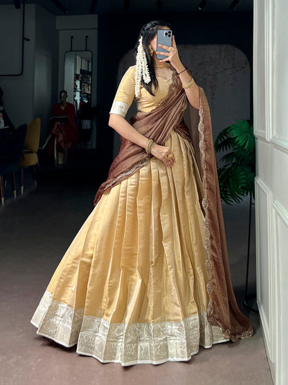 Lorenvalley Fashion Cream Kanchipuram Zari Weaving Work Lehenga Choli with Dupatta
