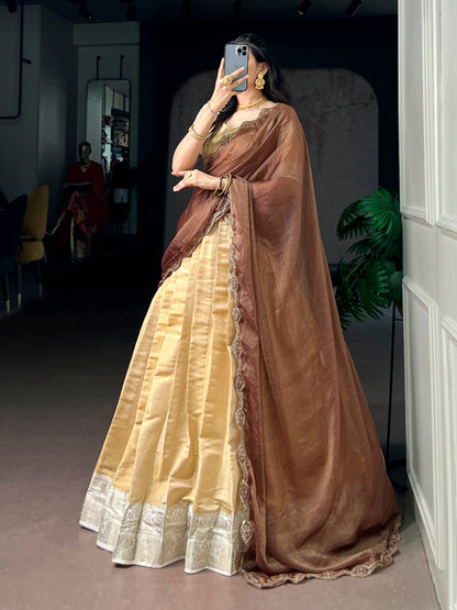 Lorenvalley Fashion Cream Kanchipuram Zari Weaving Work Lehenga Choli with Dupatta