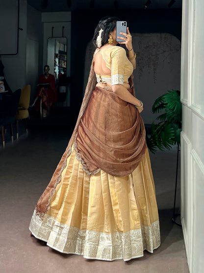 Lorenvalley Fashion Cream Kanchipuram Zari Weaving Work Lehenga Choli with Dupatta
