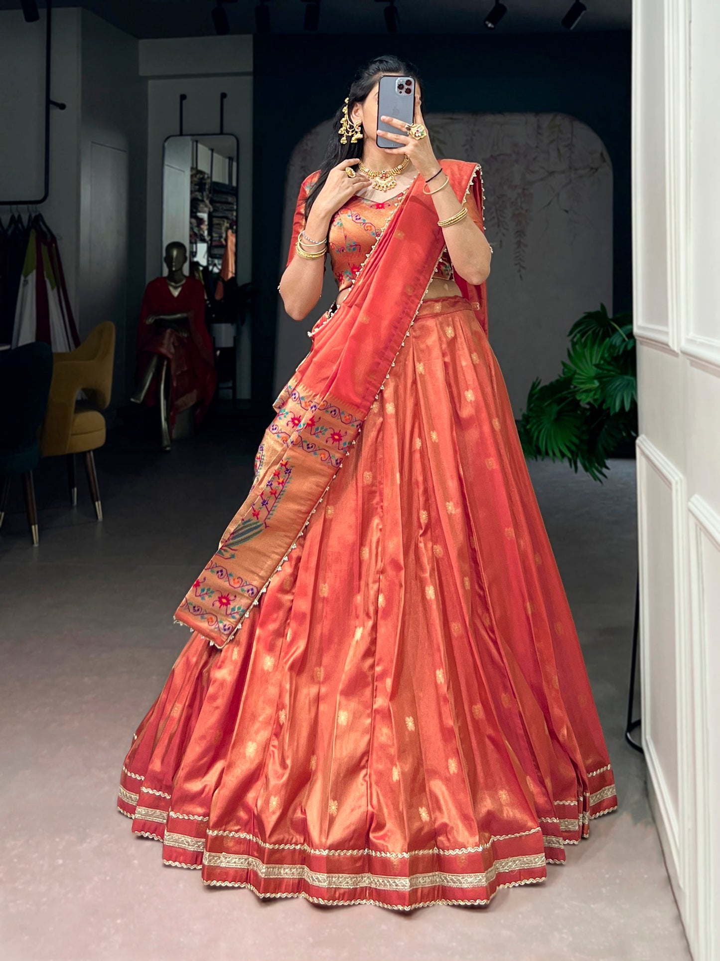 Lorenvalley Fashion Coral Shimmer Zari Weaving Work With Less Touch Up Lehenga Choli With Dupatta