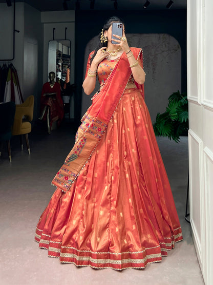 Lorenvalley Fashion Coral Shimmer Zari Weaving Work With Less Touch Up Lehenga Choli With Dupatta