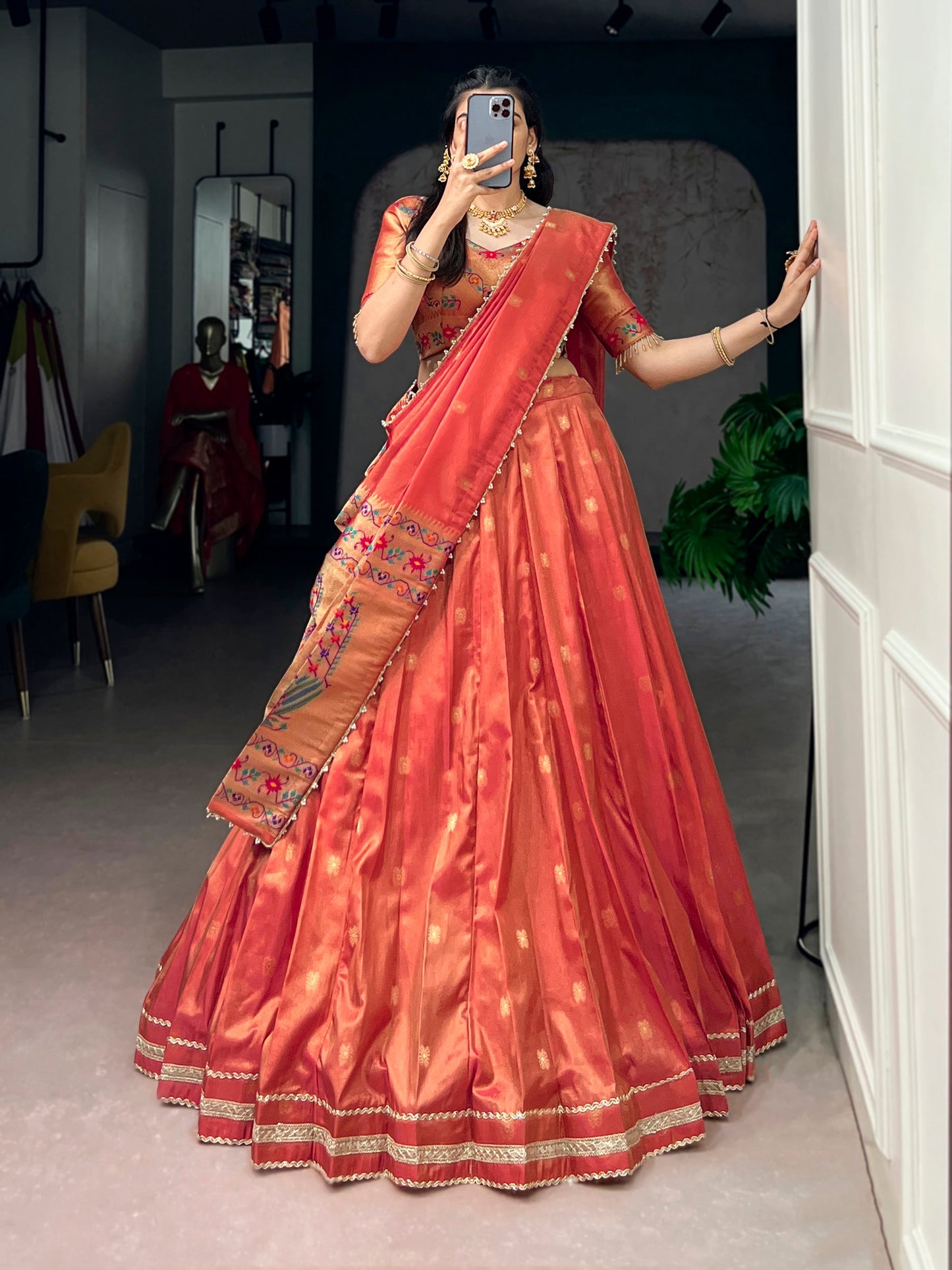 Lorenvalley Fashion Coral Shimmer Zari Weaving Work With Less Touch Up Lehenga Choli With Dupatta