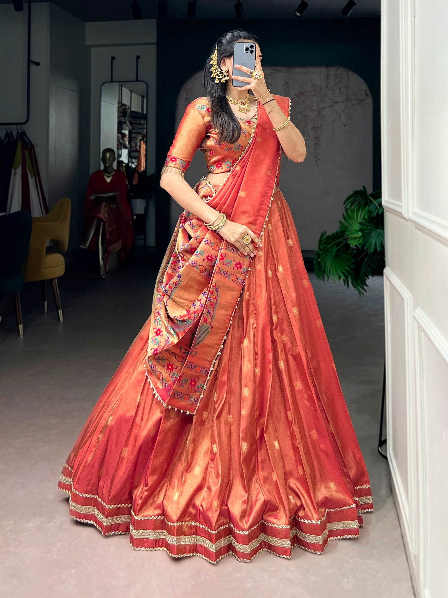 Lorenvalley Fashion Coral Shimmer Zari Weaving Work With Less Touch Up Lehenga Choli With Dupatta
