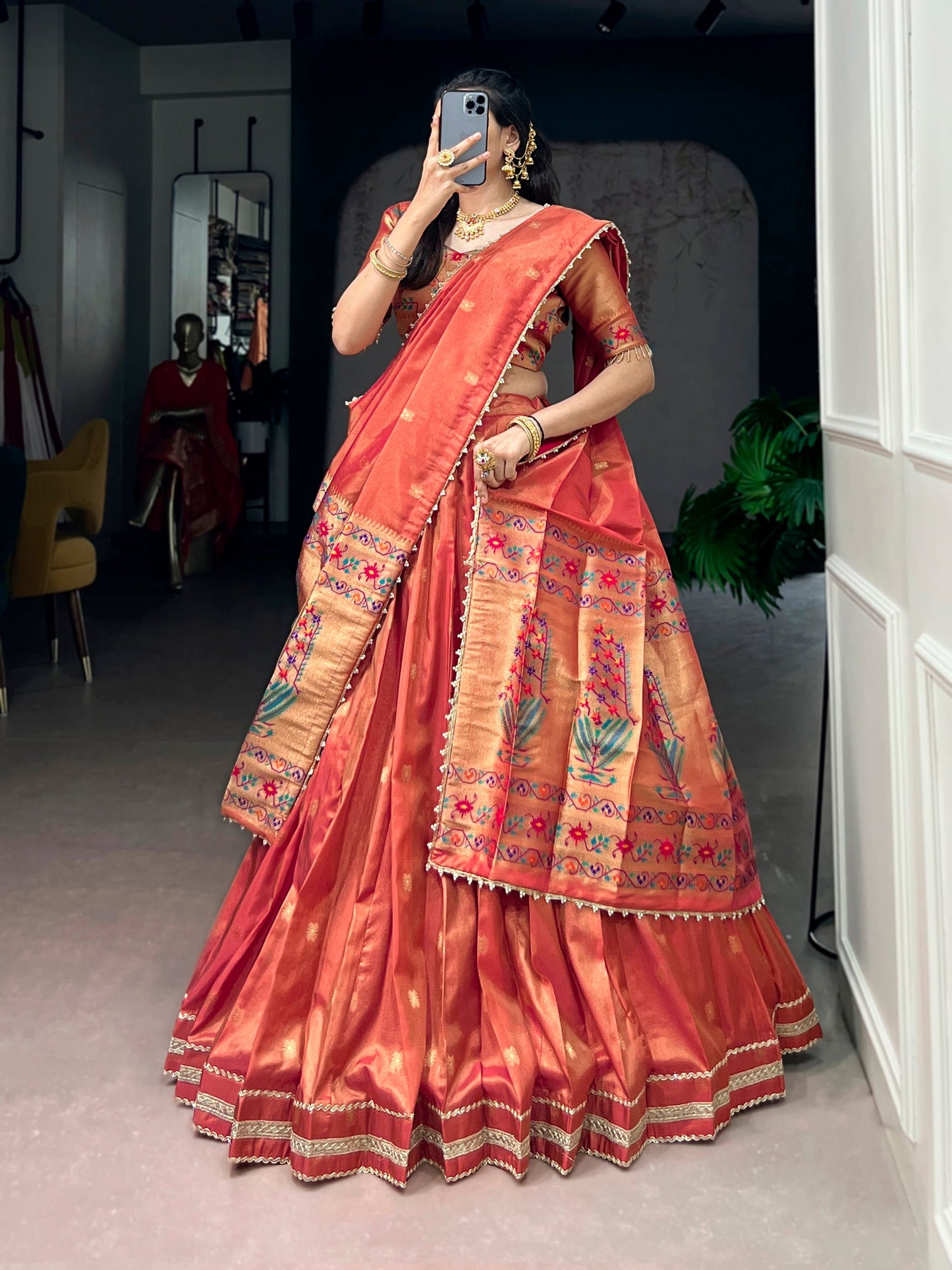 Lorenvalley Fashion Coral Shimmer Zari Weaving Work With Less Touch Up Lehenga Choli With Dupatta