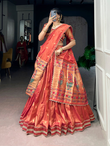 Lorenvalley Fashion Coral Shimmer Zari Weaving Work With Less Touch Up Lehenga Choli With Dupatta