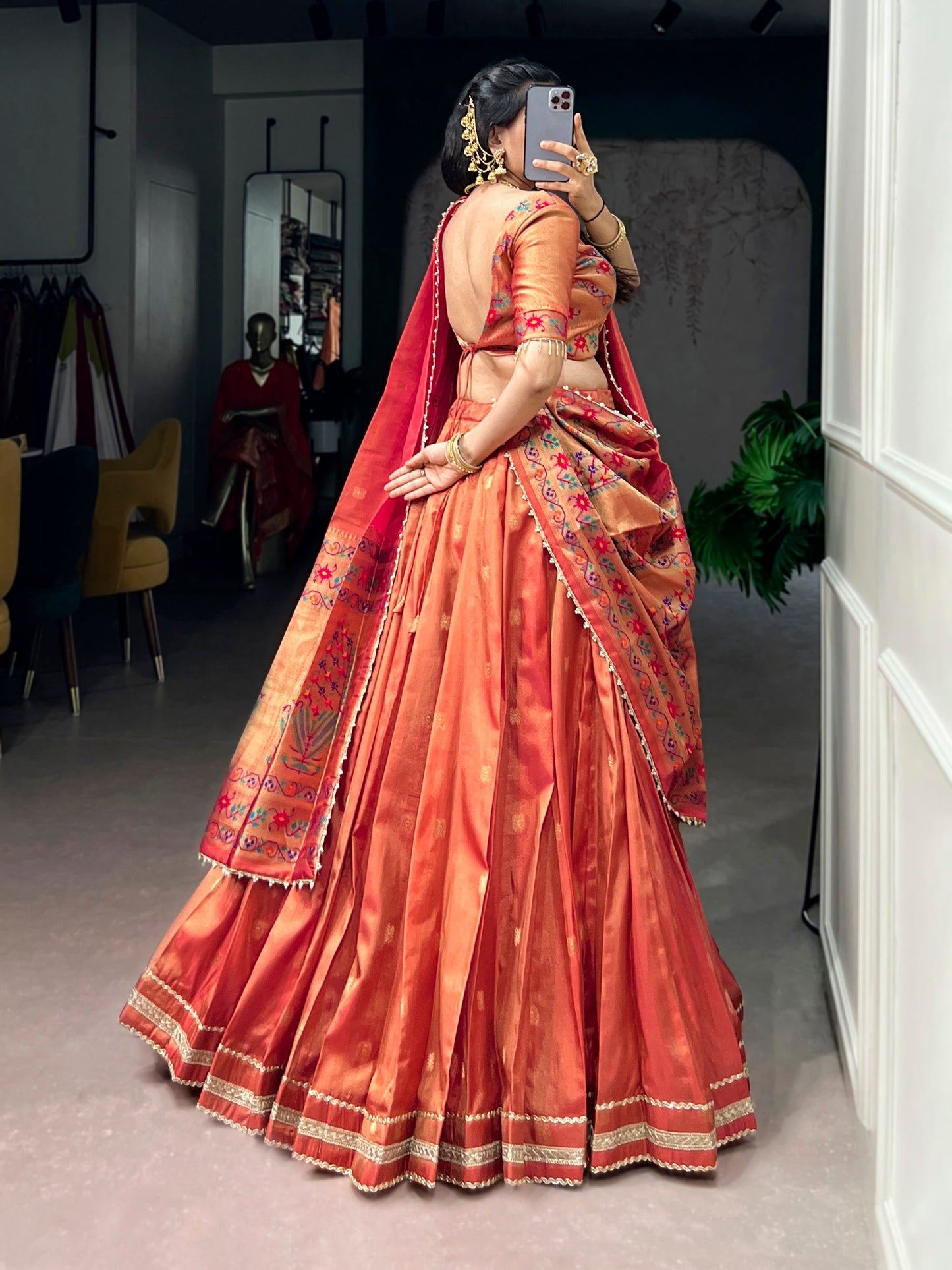 Lorenvalley Fashion Coral Shimmer Zari Weaving Work With Less Touch Up Lehenga Choli With Dupatta