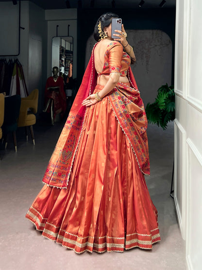 Lorenvalley Fashion Coral Shimmer Zari Weaving Work With Less Touch Up Lehenga Choli With Dupatta