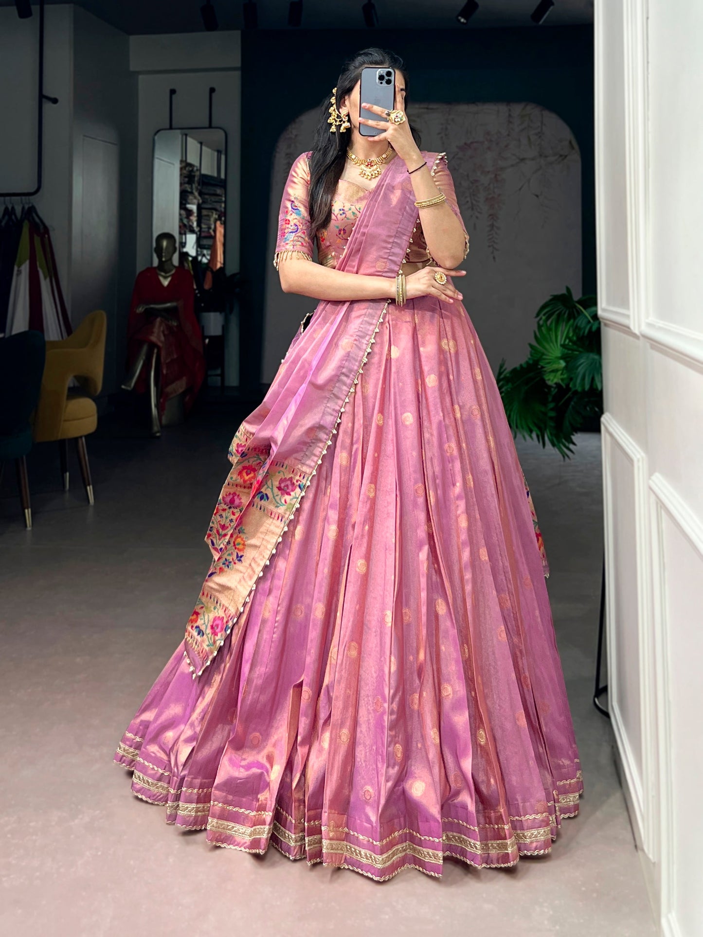 Lorenvalley Fashion Light Pink Shimmer Zari Weaving Work With Less Touch Up Lehenga Choli With Dupatta