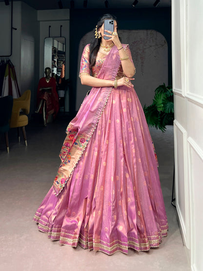 Lorenvalley Fashion Light Pink Shimmer Zari Weaving Work With Less Touch Up Lehenga Choli With Dupatta