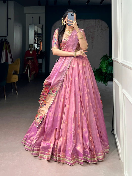 Lorenvalley Fashion Light Pink Shimmer Zari Weaving Work With Less Touch Up Lehenga Choli With Dupatta