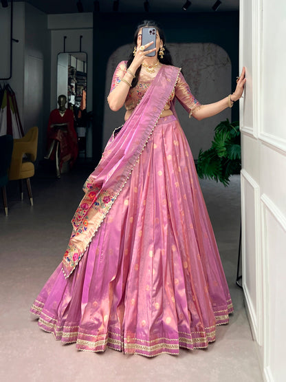 Lorenvalley Fashion Light Pink Shimmer Zari Weaving Work With Less Touch Up Lehenga Choli With Dupatta