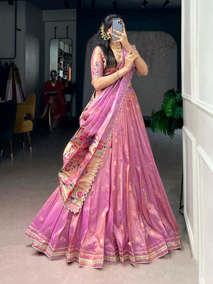 Lorenvalley Fashion Light Pink Shimmer Zari Weaving Work With Less Touch Up Lehenga Choli With Dupatta
