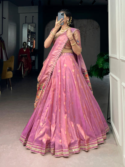 Lorenvalley Fashion Light Pink Shimmer Zari Weaving Work With Less Touch Up Lehenga Choli With Dupatta